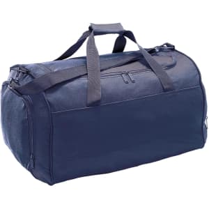 A navy blue duffle bag with dual handles and a zippered compartment. It features a simple design and has branding.