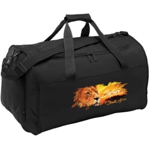A black duffle bag with a lion graphic design and a logo. Features dual handles and a shoulder strap.