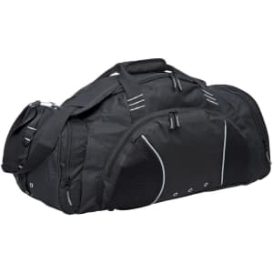 A black duffle bag with side mesh pockets and a shoulder strap, featuring a brand logo.