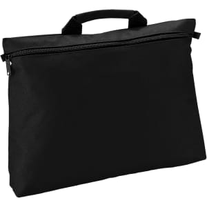 A black satchel with a zippered closure and a handle. It features a simple design and a logo.