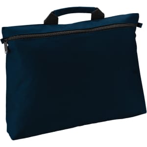 A dark blue satchel bag with a top handle and a zipper closure, featuring branding on the front.