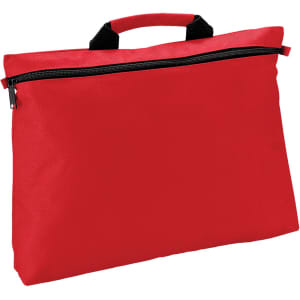 A red satchel bag with a black zip and handles, featuring a simple design and ample storage space.
