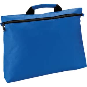 A blue satchel with a black zip and handles, featuring branding on the front.