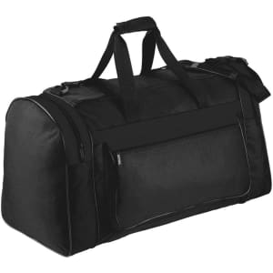 A black duffle bag featuring multiple compartments and sturdy handles, with a logo present on the surface.