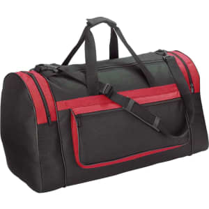 A black duffle bag with red accents, featuring a shoulder strap and multiple zippered compartments.