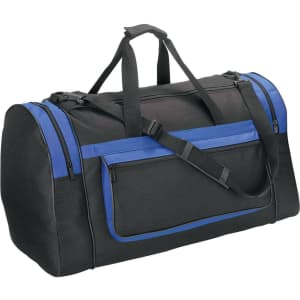 A black duffle bag with blue accents and multiple compartments. The bag features a shoulder strap for easy carrying.