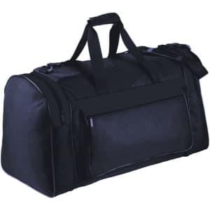 A black duffle bag with double handles, a long shoulder strap, and a front zip pocket, including a logo.