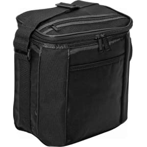 A black cooler bag with a zippered top, shoulder strap, and side pocket, featuring a logo.