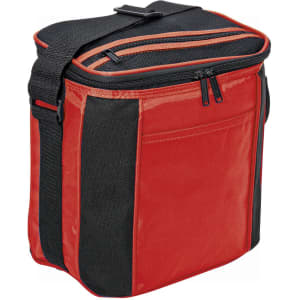 A red and black cooler bag with a zippered top and adjustable strap, featuring a side pocket and branding.