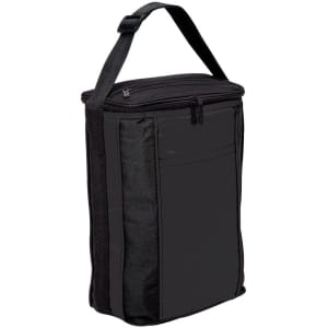 A drink bottle cooler in black, featuring a zippered top and a shoulder strap for easy carrying.
