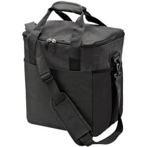 A black cooler bag with a zippered top, short handles, and a removable shoulder strap. It has an outer pocket and a logo.
