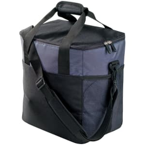A large cooler bag in black and navy, featuring shoulder straps and zippered compartments. It has a logo on the front.