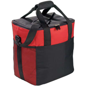 A large cooler bag in red and black with handles and mesh pockets, featuring a logo.