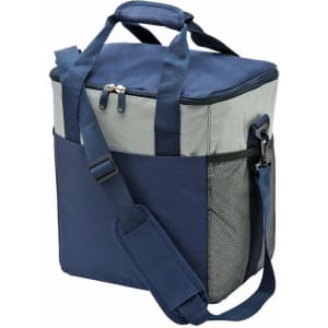 A large cooler bag in navy blue and grey, featuring handles, a shoulder strap, and mesh side pockets.