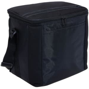 A large black cooler bag with a zip closure and adjustable shoulder strap. Features a side pocket and branding logo.