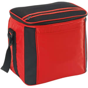 A red and black cooler bag with a zippered top and a side handle. It features a front pocket and a padded lid.