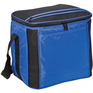 A large blue cooler bag with black accents, featuring a zippered closure and a sturdy handle.
