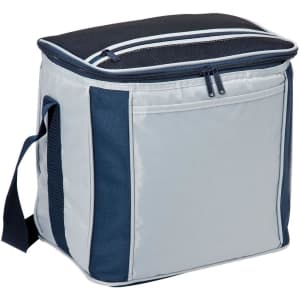 A large cooler bag in grey and navy, featuring a zip closure and side pocket, with a shoulder strap for easy carrying.