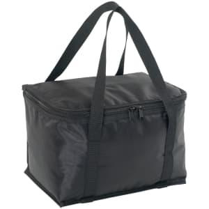 A black cooler bag with dual handles and a zip closure, featuring a simple design. It includes a logo on the front.