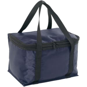 A navy blue cooler bag with dark green handles and a zip closure, featuring a simple design and logo.