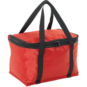 A red cooler bag with black handles and a zippered closure, featuring a simple design and a sturdy build.