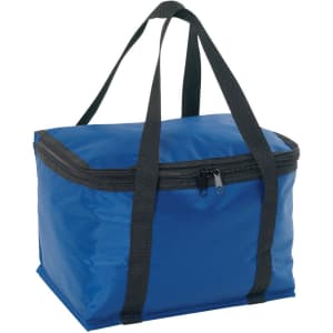 A blue cooler bag with a zip closure and black handles, featuring a sturdy rectangular shape.