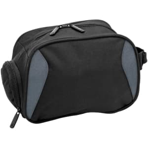A black toiletry bag with grey accents, featuring a zippered main compartment and side pocket, along with a logo.