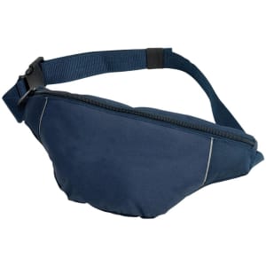 A navy blue waist bag featuring a zippered compartment and an adjustable strap. It has a branding logo.