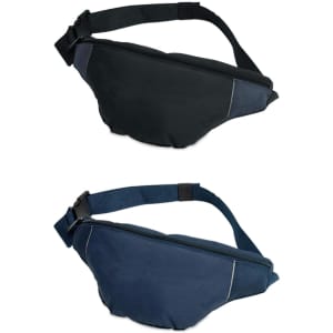 A black and blue platform waist bag featuring a zippered compartment and adjustable strap, with a logo on the front.