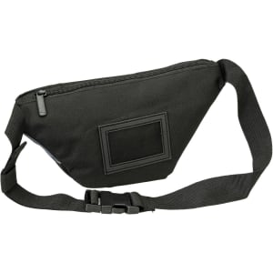 A black bum bag featuring a zippered compartment and an adjustable strap. Includes a branding logo.