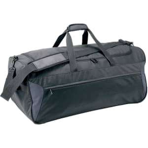 A black wheeled duffle bag with dual handles and a shoulder strap, featuring a zippered compartment and branding.