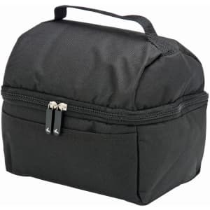 A black lunch bag with a zip closure, featuring a top handle and an external pocket. It has a simple logo.
