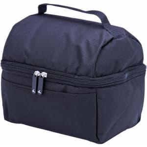 A black lunch bag with a zip closure and a handle, featuring a front pocket and a compact design.