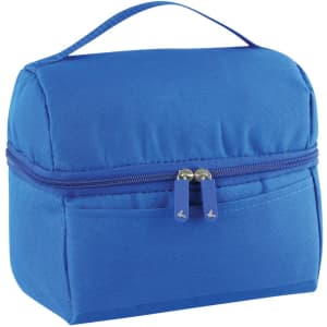 A blue lunch bag with a zip closure and handle, featuring a front pocket and a branded logo.