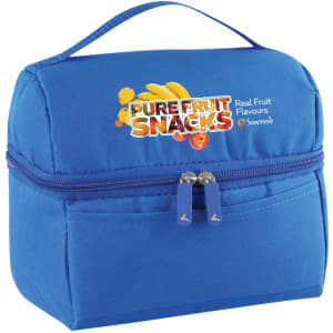 A blue lunch bag with a zip closure and a top handle, featuring a logo and fruit graphics.