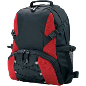 A black backpack with red accents, featuring multiple pockets and mesh side pouches. It has a logo on the front.