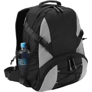 A black and grey outdoor backpack with multiple compartments and a drink bottle in a mesh side pocket.