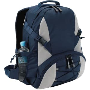 A navy backpack with grey accents, featuring a side pocket for a drink bottle and adjustable straps.