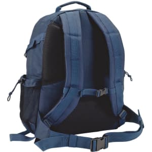 A navy outdoor backpack featuring adjustable straps and mesh side pockets, with a logo on the side.