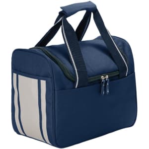 A navy blue cooler bag with cream stripes, featuring a zippered top and dual handles. It has a logo on the front.