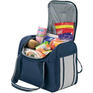 A navy blue cooler bag with grey stripes, filled with various food items and snacks. It has a logo on the front.