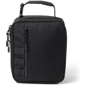 A black cooler bag featuring a zippered compartment and a sturdy handle, with attachment straps on the side.