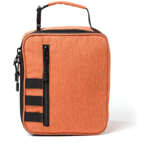 An orange cooler bag with a zippered closure, adjustable strap, and side webbing for attachment, featuring a branding logo.