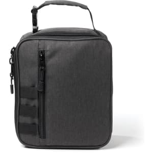 A grey cooler pack with a zippered top, side pockets, and a carrying handle. It features a logo on the front.