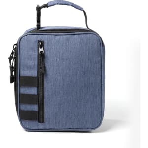 A grey-blue cooler pack featuring a zippered compartment, a handle, and side straps. It has a simple, sleek design.