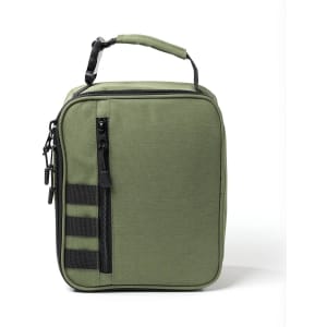 A green cooler bag with a zippered compartment and a handle, featuring black accents and a logo.