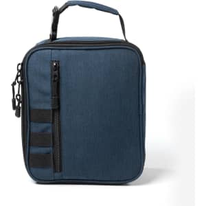 A navy blue cooler bag featuring a zippered main compartment and exterior pockets, with a carry handle on top.