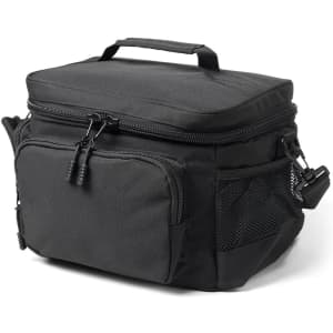 A black lunch cooler with a main compartment, zippered pockets, and side mesh storage. It features a sturdy handle.