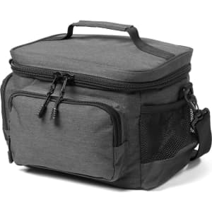 A lunch cooler in dark grey with a zippered main compartment and a side mesh pocket. It has a sturdy handle and adjustable strap.