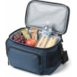 A blue cooler bag filled with sandwiches, an apple, grapes, a snack bar, and a bottle of water. It has a zipped opening.